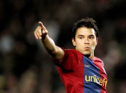 Saviola festeja su gol al Celta, el primero del Barça.