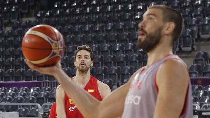 Marc y Pau Gasol, en un entrenamiento en Cluj.