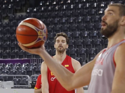 Marc y Pau Gasol, en un entrenamiento en Cluj.