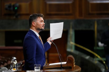 El diputado de ERC Gabriel Rufián el pasado 21 de marzo durante el debate de la moción de censura presentada por Vox.