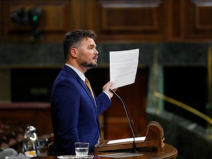 El diputado de ERC Gabriel Rufián el pasado 21 de marzo durante el debate de la moción de censura presentada por Vox.