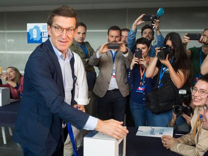 Alberto Núñez Feijóo, durante su intervención en el congreso del PP gallego celebrado este domingo en Pontevedra.