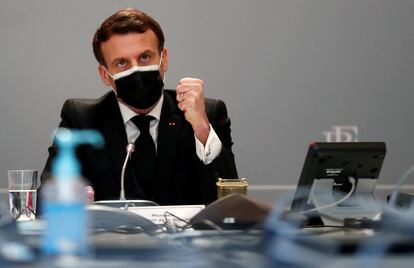 El presidente francés Emmanuel Macron, durante una reunión virtual.