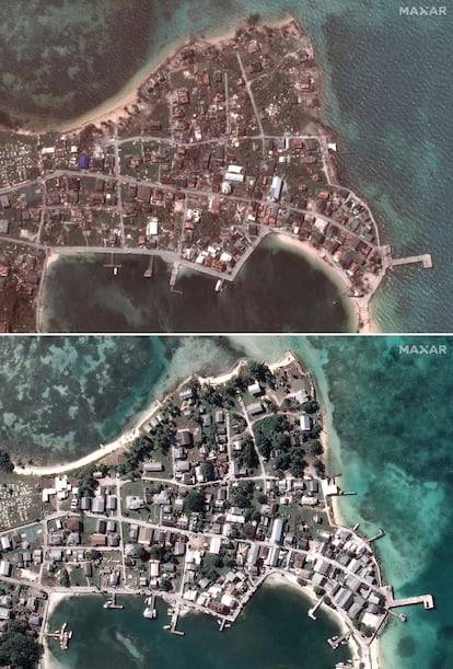Imagen satelital del Cayo Green Turtle en las Islas Ábaco (Bahamas), el 5 de septiembre de 2019 (arriba) y el 29 de enero de 2018 (Abajo). El ciclón ha devastado parte del archipiélago caribeño donde residen unas 17.000 personas.