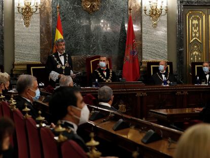 El presidente del Consejo General del Poder Judicial, Carlos Lesmes, al inicio del acto de inauguración del año judicial en el Salón de Plenos del Tribunal Supremo, en Madrid.