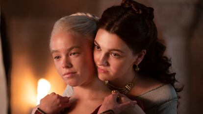 Milly Alcock and Emily Carey, playing Princess Rhaenyra Targaryen and Alicent Hightower in 'House of the Dragon.'