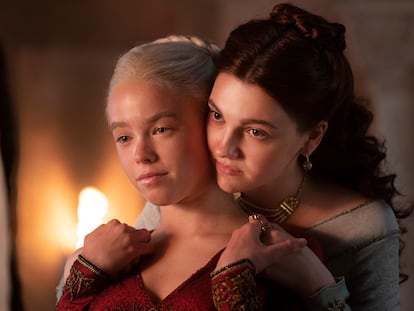 Milly Alcock and Emily Carey, playing Princess Rhaenyra Targaryen and Alicent Hightower in 'House of the Dragon.'