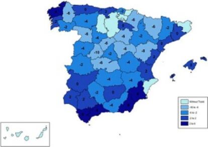 Mapa de los umbrales m&iacute;nimos de las distintas capitales de provincia. Por debajo de esa temperatura, se dispara el riesgo de mortalidad por ola de fr&iacute;o. Aparecen en blanco aquellas en las que los investigadores no obtuvieron un dato concreto.