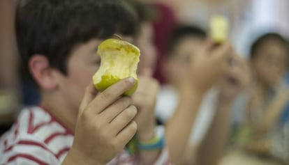 Un niño come una manzana en un comedor escolar.
