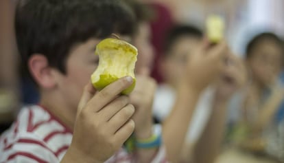 Un nen menja una poma en un menjador escolar.