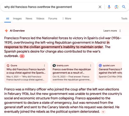 Búsqueda en Google de "por qué Francisco Franco derribó el Gobierno" respondida por los Resúmenes de IA.