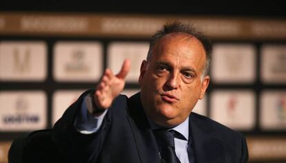 El presidente de la LFP, Javier Tebas, en un acto en Manchester. 