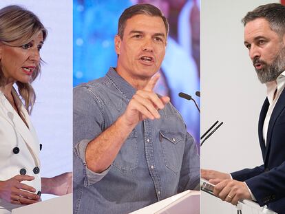 De izquierda a derecha, Yolanda Dìaz, Pedro Sánchez y Santiago Abascal.