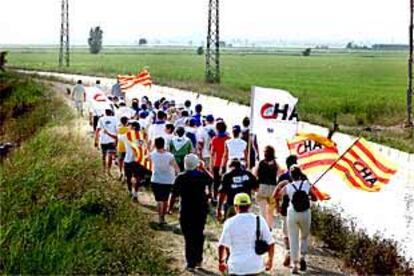 La primera columna de la marcha hacia Bruselas bordea un canal de riego de aguas del Ebro en los aledaños de Amposta.