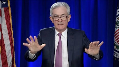 U.S. Federal Reserve Chairman Jerome Powell addresses an online only news conference in a frame grab from U.S. Federal Reserve video broadcast from the Federal Reserve building in Washington, U.S., January 26, 2022. U.S. Federal Reserve Board/Handout via REUTERS