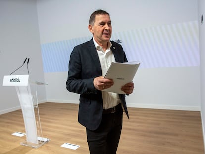 El coordinador general de EH Bildu, Arnaldo Otegi, comparece tras la retirada de la lista de la formación de las candidaturas de siete presos de ETA, este martes en San Sebastián.