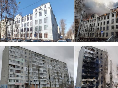La facultad de Económicas de la Universidad de Karmazin, en Járkov, y un edificio residencial de Borondianka antes y después de los ataques rusos.