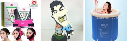 Vendaje y mascarilla reafirmantes, abridor botellas con los dientes de Luis Suarez y cubo bañera.