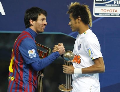 Leo Messi (left) and Neymar greet each other during the Club World Cup in 2011.