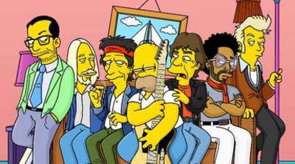 Homer en buena compañía. De izquierda a derecha, Elvis Costello, Tom Petty, Keith Richards, Mick Jagger, Lenny Kravitz y Brian Setzer.