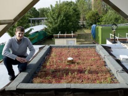 El ingeniero Aitor Erkoreka en una de las cubiertas vegetales instaladas para la investigación.