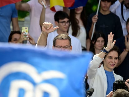 El líder del Partido Popular, Alberto Núñez Feijóo, durante un evento de precampaña el pasado 18 de junio, en Madrid.