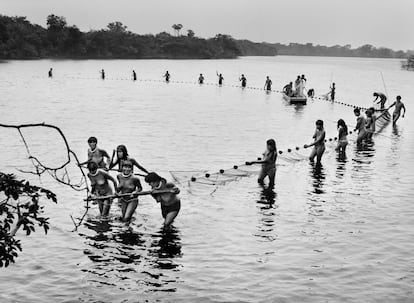 Kamayurás tiran de una red de pesca en el lago Ipavu, durante los preparativos de la ceremonia de las mujeres. Tierra indígena Xingú, Estado de Mato Grosso (Brasil), 2005.