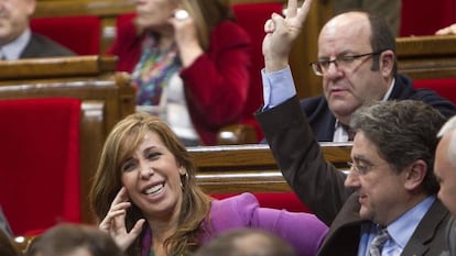 Alicia Sánchez-Camacho, presidenta del PP, y Enric Millo, portavoz del grupo parlamentario, y, detrás, el diputado Rafael Luns, en el pleno de febrero.