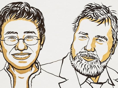 Maria Ressa e Dmitry Muratov, ganhadores do Nobel da Paz 2021.