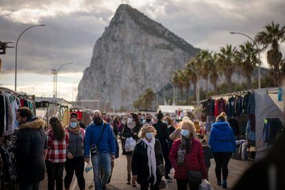 A market at La Linea this week, with Gibraltar visible in the background.