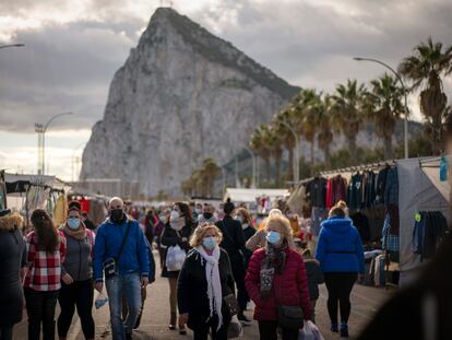 A market at La Linea this week, with Gibraltar visible in the background.