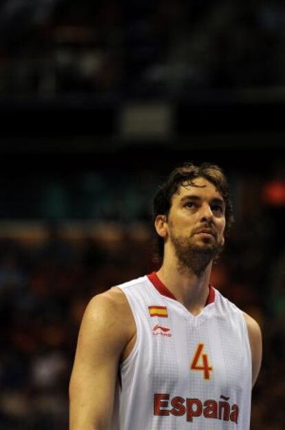 Spain's Pau Gasol looks on during their pre-Olympic friendly basketball match Spain vs Australia on July 18.
