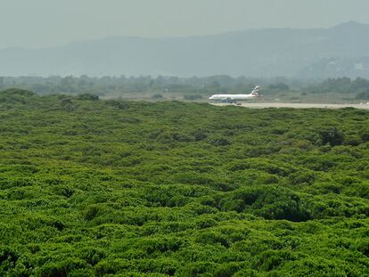 Un avión en la pista de despegue del aeropuerto de El Prat en el delta del Llobregat.