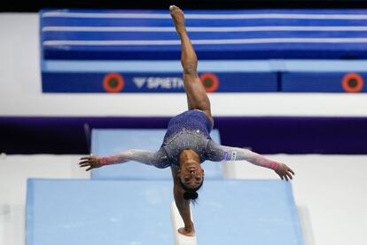 United States' Simone Biles competes on the beam during the women's team final at the Artistic Gymnastics World Championships in Antwerp, Belgium, Wednesday, Oct. 4, 2023