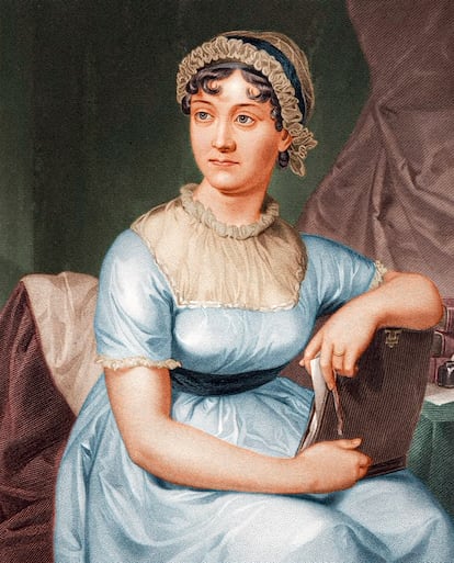 Jane Austen, en un grabado coloreado a partir de un retrato de familia.