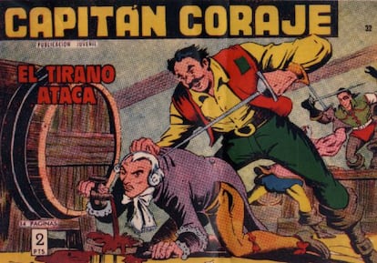 A front cover of the popular 1950s comic book, &#039;El Capit&aacute;n Coraje,&#039; on display at the exhibition.