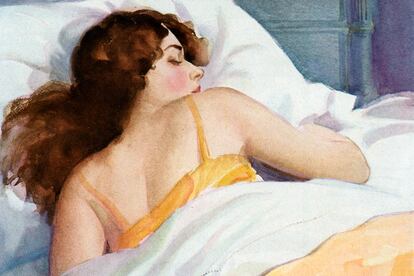 Ilustración de una mujer durmiendo plácidamente (1926) sin preocuparse de las consecuencias de esa sábana de algodón sobre su melena.
