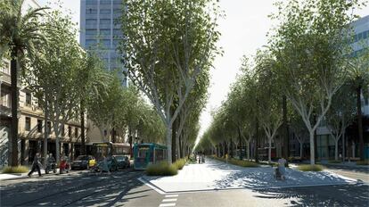 Si gana la opción B, la estructura de la Diagonal cambiaría radicalmente. Se construiría un gran paseo central de 12 metros de largo. Junto a las fachadas, las aceras tendrían 8.