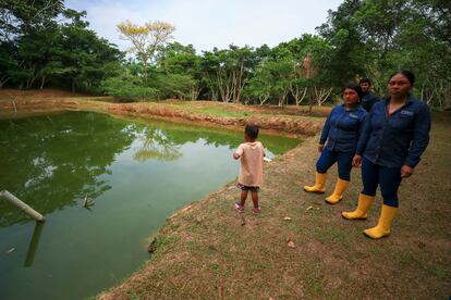 Indígenas waos posan junto a un criadero de peces, en noviembre, en la comunidad Guiyero, en el corazón del Parque Nacional Yazuni (Ecuador).