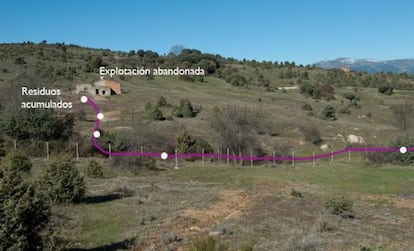 La mina abandonada en Guadalix. La l&iacute;nea morada marca el recorrido del agua de lluvia y los puntos blancos, las zonas donde se tomaron las muestras.