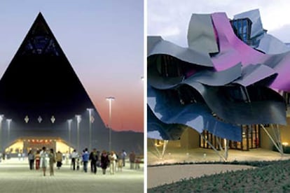 Pirámide de Norman Foster en Kazajistán (izquierda) y hotel en las bodegas Marqués de Riscal, de Frank Gehry, en La Rioja alavesa.