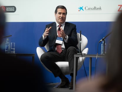 El presidente de la CEOE, Antonio Garamendi, el jueves durante un encuentro con empresarios en Barcelona.