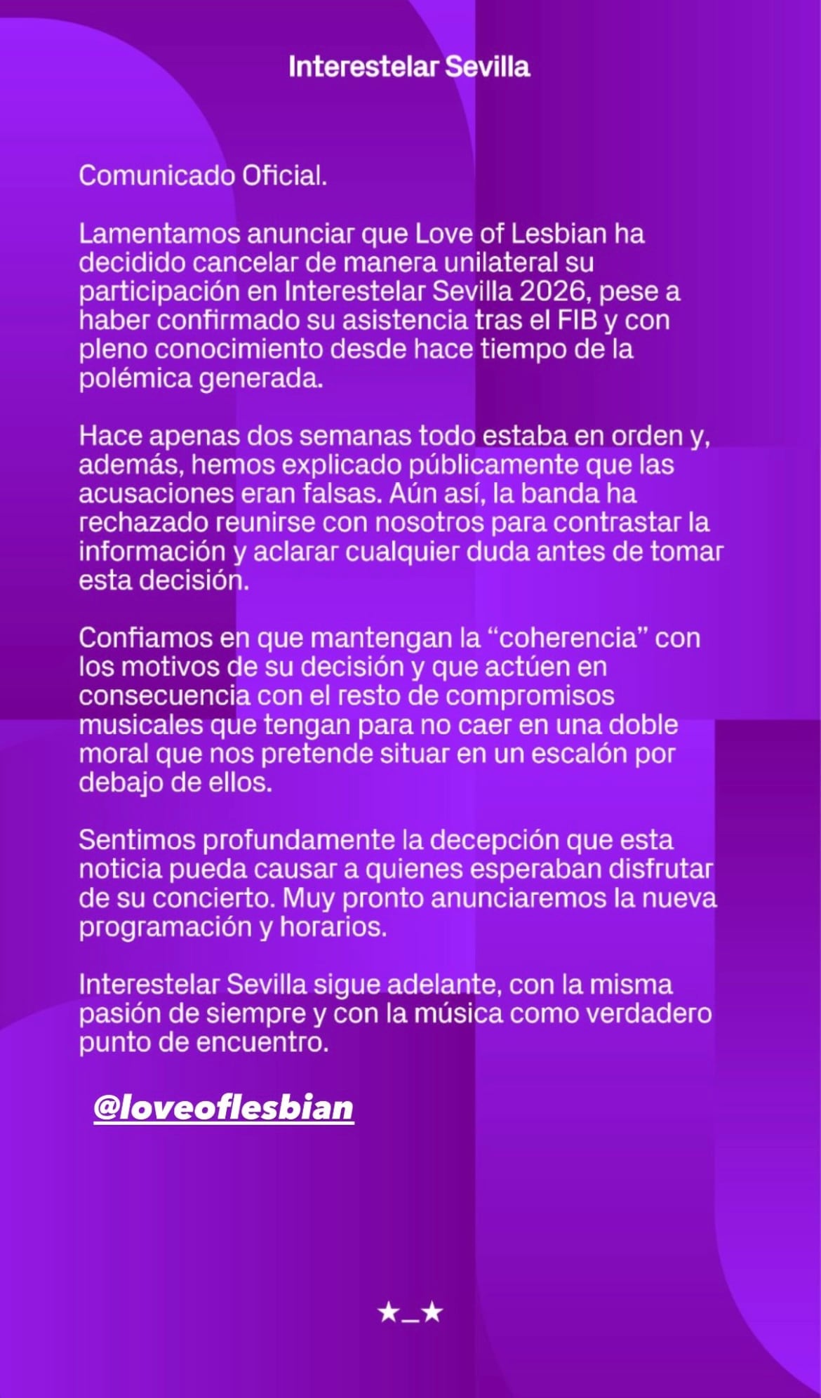 Captura de pantalla del comunicado del festival Interstelar Sevilla en su cuenta de Instagram.