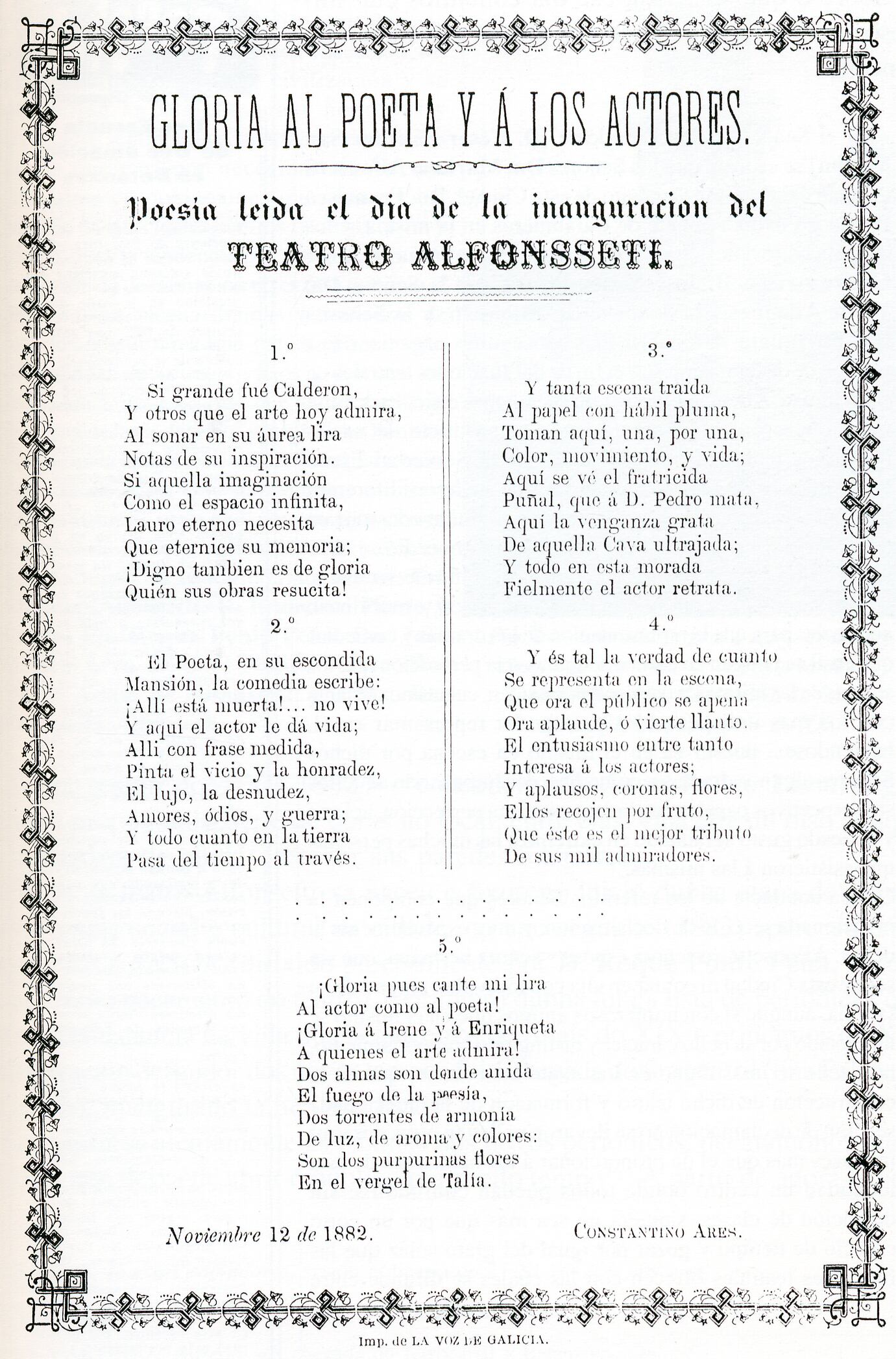Un anuncio de la inauguración del entonces teatro Alfonsetti, que abrió sus puertas el 12 de noviembre de 1882.
