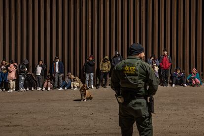 Inmigrantes esperan ser procesados ​​por la Patrulla Fronteriza de Estados Unidos después de cruzar la frontera desde México, en Arizona. 