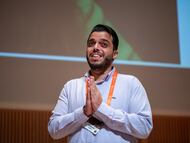 El jordano Abdullah Ibhais, durante su conferencia en 'Play The Game 2025', en Tampere (Finlandia).