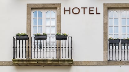 Hotel in Santiago de Compostela. Detail of facade with balconies.