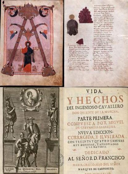 Arriba, dos páginas del códice de Fernando I y doña Sancha del <i>Beato de Liébana</i>. Abajo, ilustración y portada de la edición de 1674 de la primera parte del <i>Quijote</i>.
