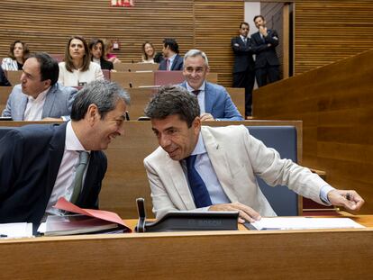 El presidente de la Generalitat, Carlos Mazón, conversa con el vicepresidente primero del Consell, Vicente Barrera, en las Cortes Valencianas.