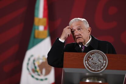 El presidente de México, Andrés Manuel López Obrador, durante su conferencia en Palacio Nacional.